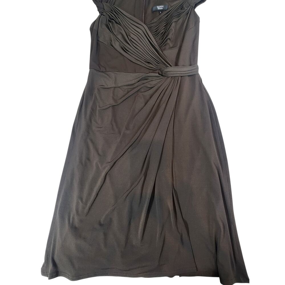 Tadashi Collection Brown Ruched Cocktail Dress Size Large Elegant Faux Wrap Midi